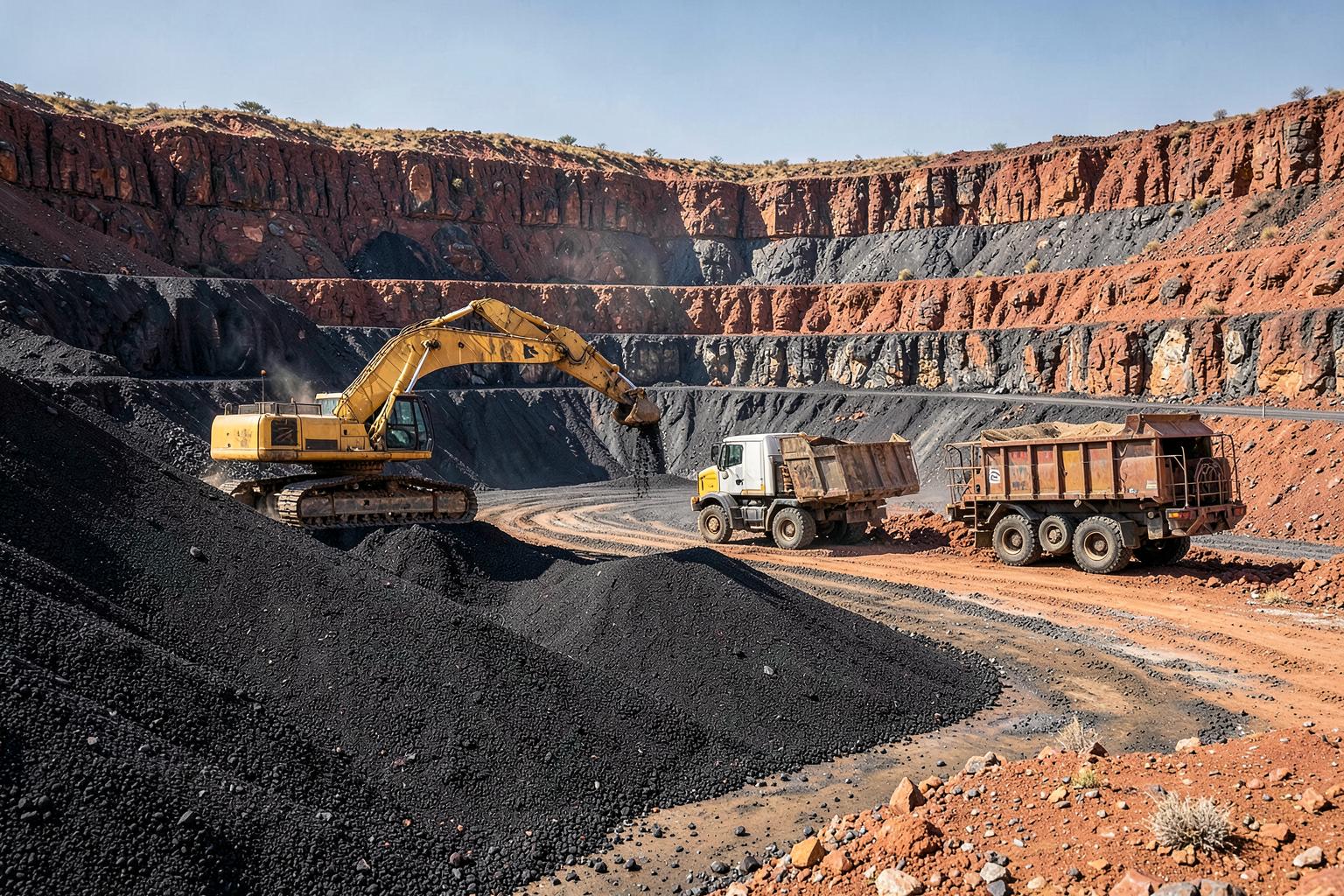 Chrome mining operation with excavator and haul trucks